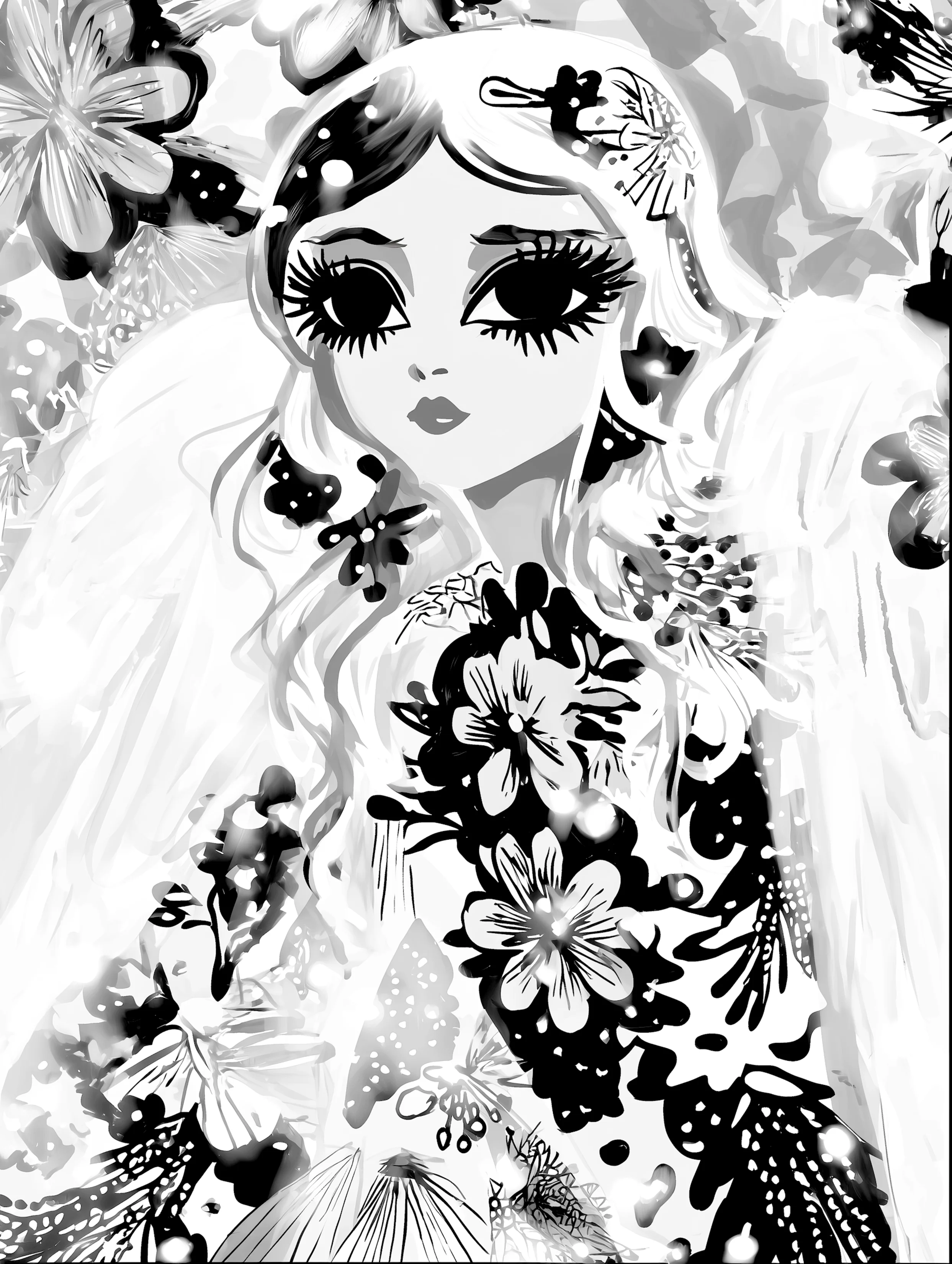 Free printable angel coloring page for adults featuring big eyes angel with dress